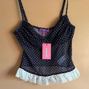 Edikted Mesh Top with White Dots and Lace Trim